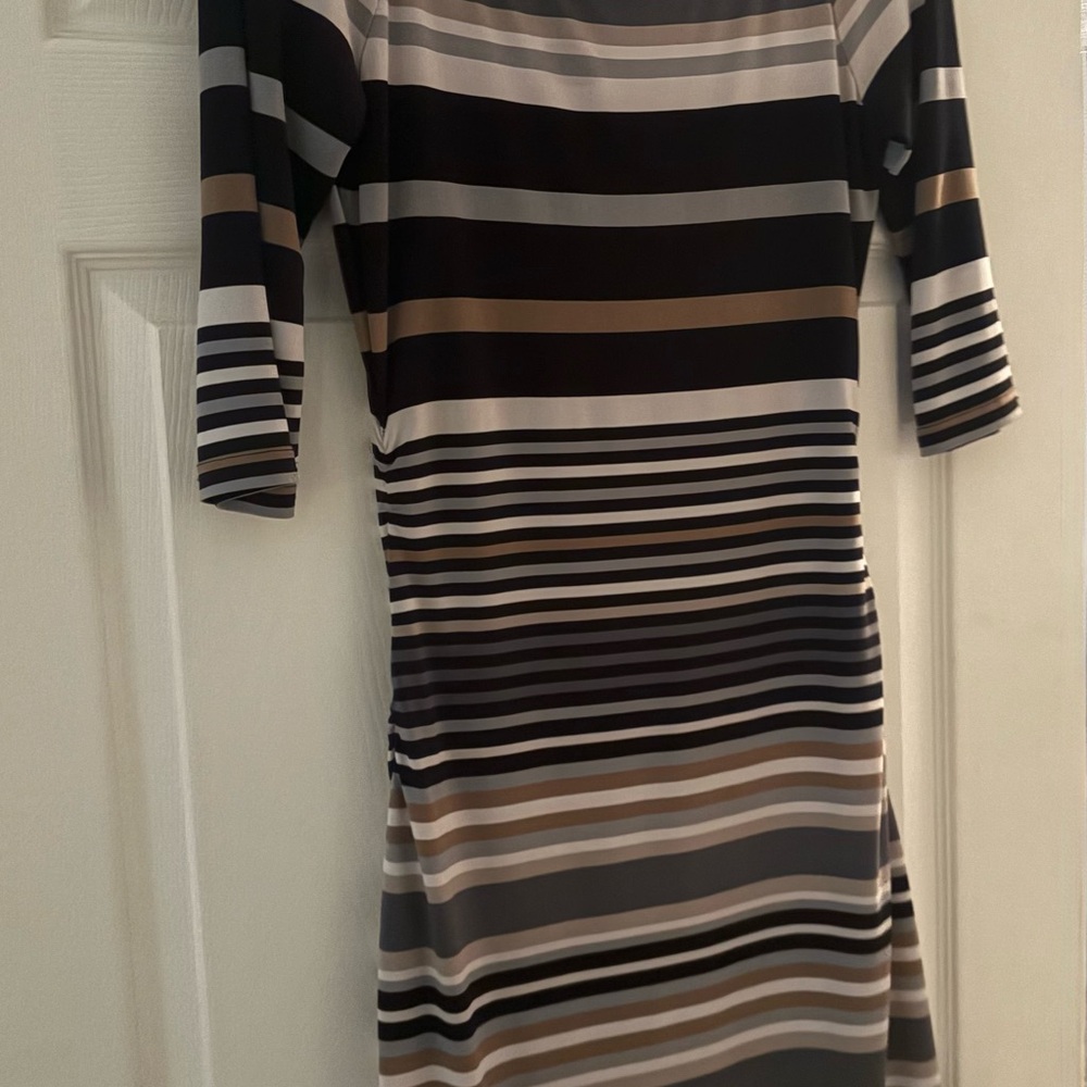 Joseph Ribkoff Travel Dress Size 6 black blue, and taupe striped